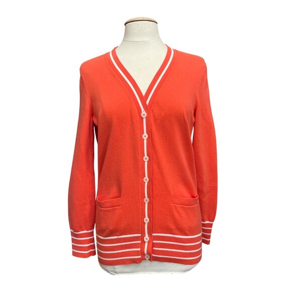 Brooks Brothers "346" Womens Orange Cardigan Sweater White Stripes - Size L READ - Picture 1 of 9
